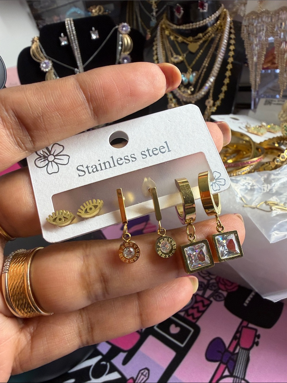 Stainless Steel Gold-Tone Mixed Earrings Set